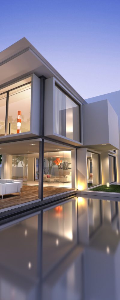 External view of a contemporary house with pool at dusk